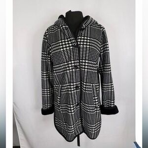Ike Behar Black & White Houndstooth Hooded Coat XL winter coat cute coat